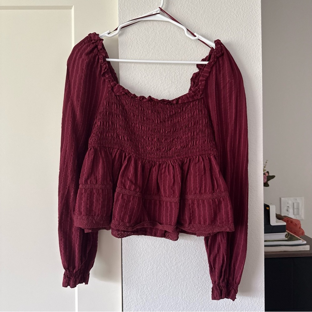 Tinseltown Deep Red Smocked Blouse